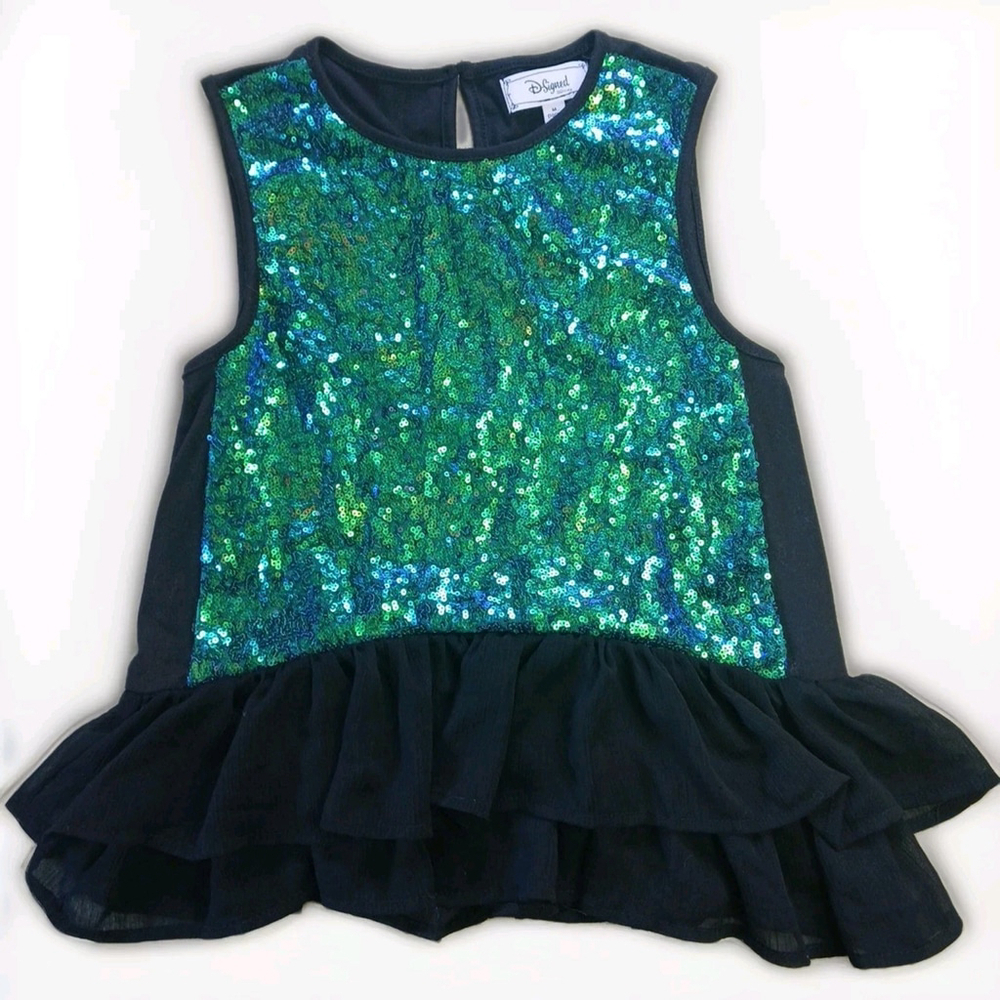 Disney D-Signed Descendants 2 Top Turquoise Black Sleeveless Sequins Medium